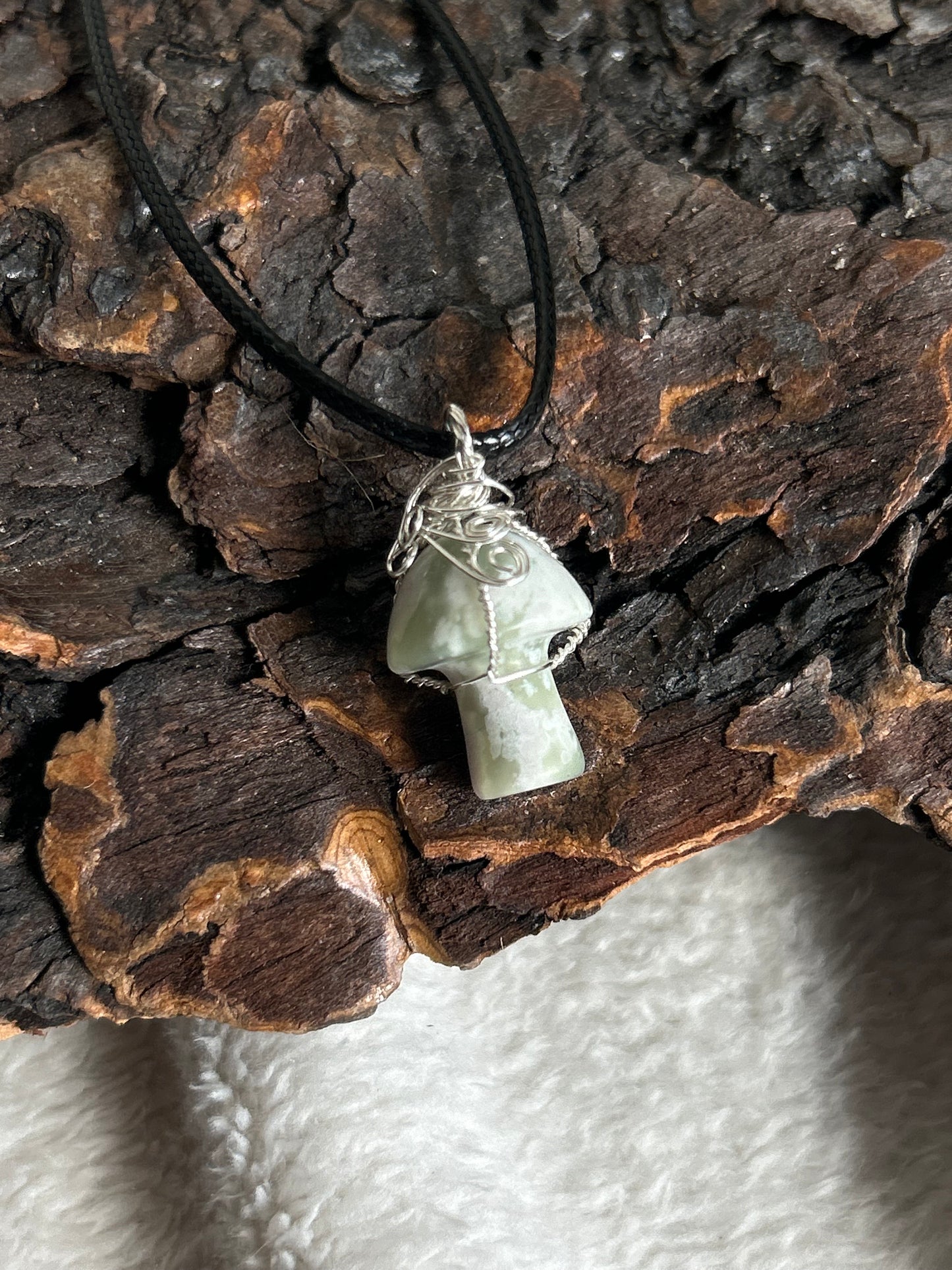 Semi-Translucent All White Jade with Opaque White Inclusions Mushroom Necklace - Fortune and healing- silver wire